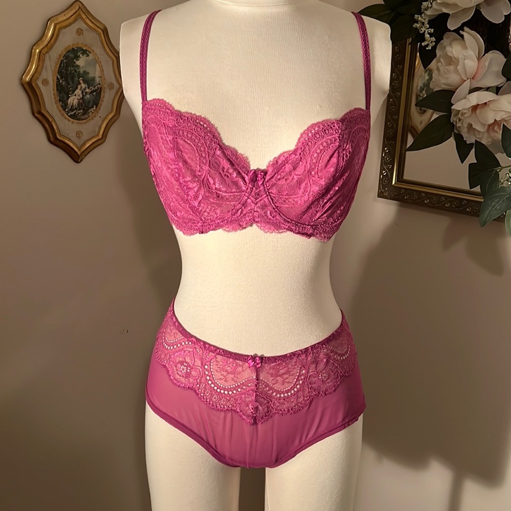 Le Mystere Isabella lace sexy sheer 36 C bra and L boy short pink purple
